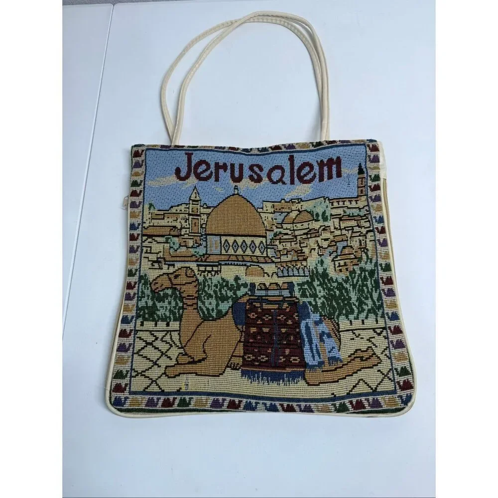VINTAGE Tote Bag Jerusalem Tapestry Expandable Zipper Handmade in Israel